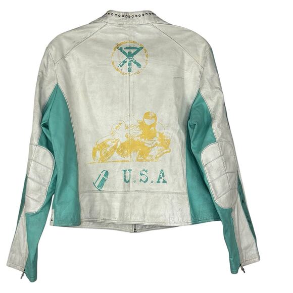 Vintage Wilson's Women’s Leather Jacket Cafe Distressed Aqua Blue USA Sz XL Rare - Picture 3 of 10